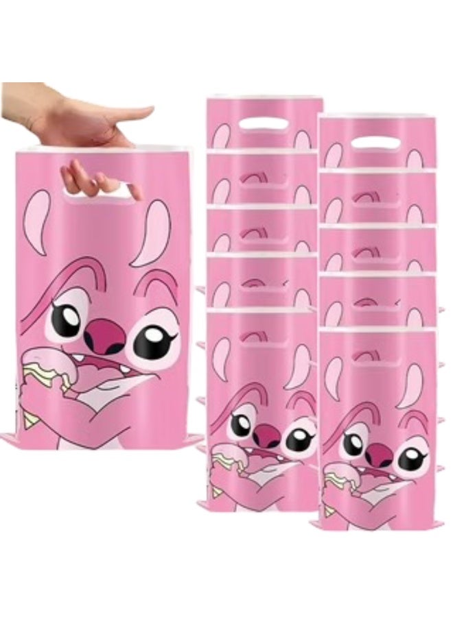 عبوة من 10 أكياس بلاستيكية لحفلات أعياد الميلاد بتصميم ستيتش، أكياس هدايا، لوازم حفلات الأطفال، أكياس حلوى، لون وردي